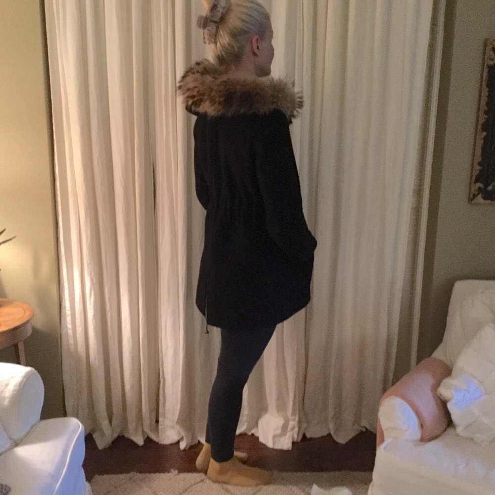 Max Mara Weekend black wool thigh length jacket w/ fur trimmed hood. Like new.